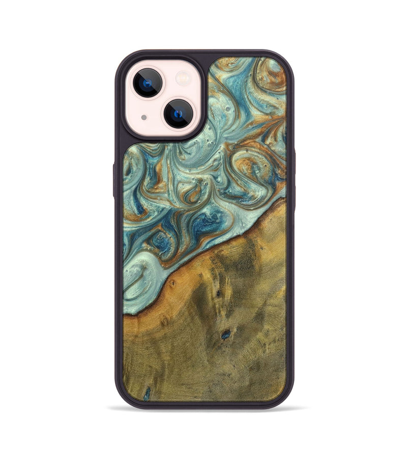 iPhone 14 Wood+Resin Phone Case - Ezra (Teal & Gold, 698412)