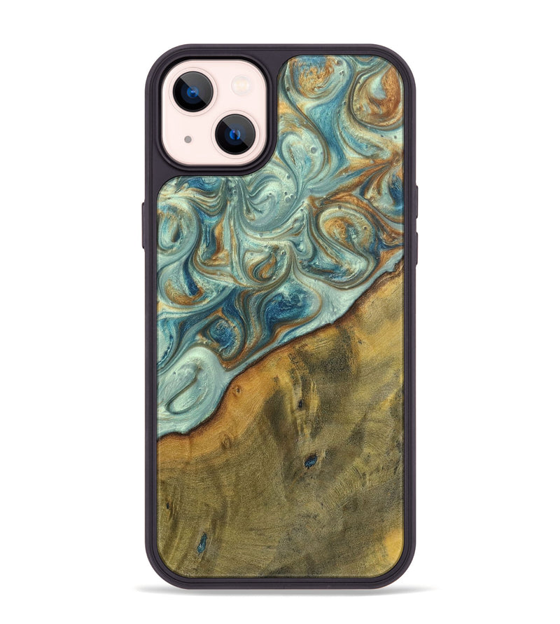 iPhone 14 Plus Wood+Resin Phone Case - Ezra (Teal & Gold, 698412)