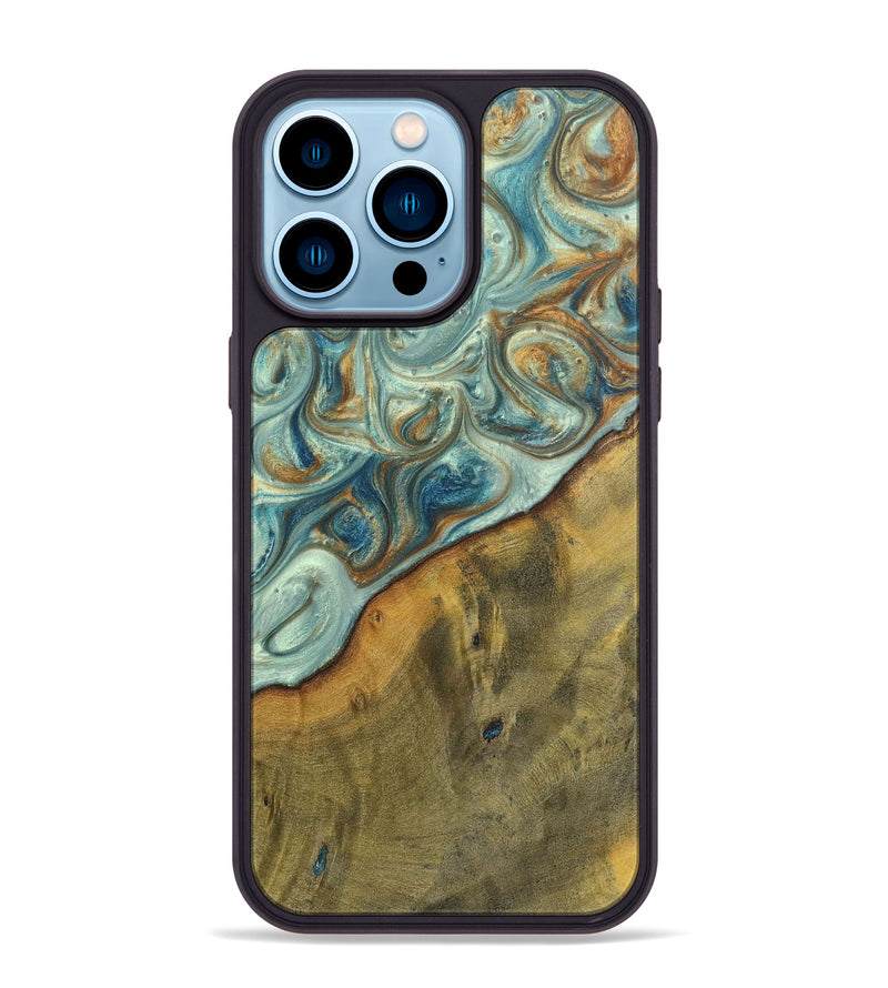 iPhone 14 Pro Max Wood+Resin Phone Case - Ezra (Teal & Gold, 698412)