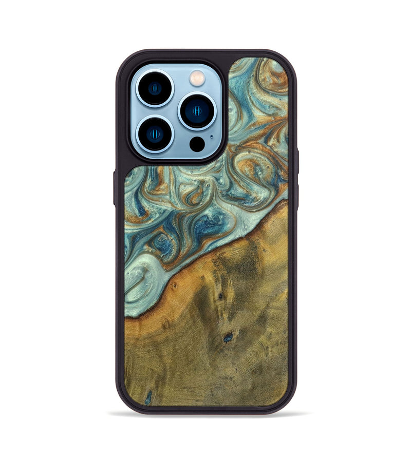 iPhone 14 Pro Wood+Resin Phone Case - Ezra (Teal & Gold, 698412)