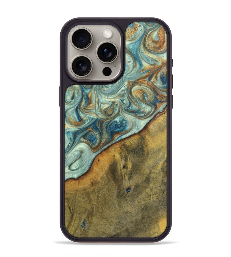 iPhone 15 Pro Max Wood+Resin Phone Case - Ezra (Teal & Gold, 698412)
