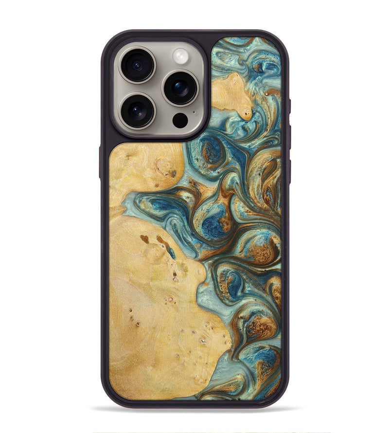 iPhone 15 Pro Max Wood+Resin Phone Case - Dorothy (Teal & Gold, 698418)