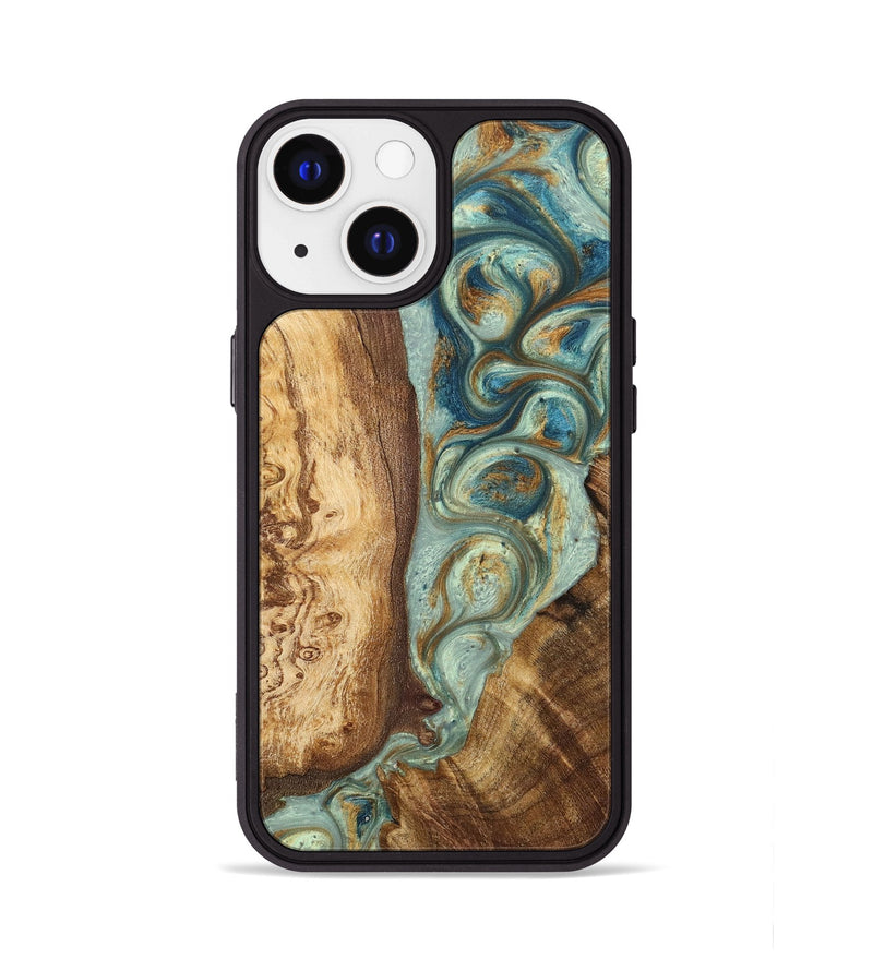 iPhone 13 Wood+Resin Phone Case - Bridget (Teal & Gold, 698419)