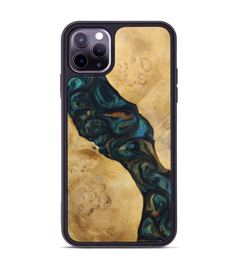 iPhone 11 Pro Max Wood+Resin Phone Case - Woodrow (Teal & Gold, 698431)