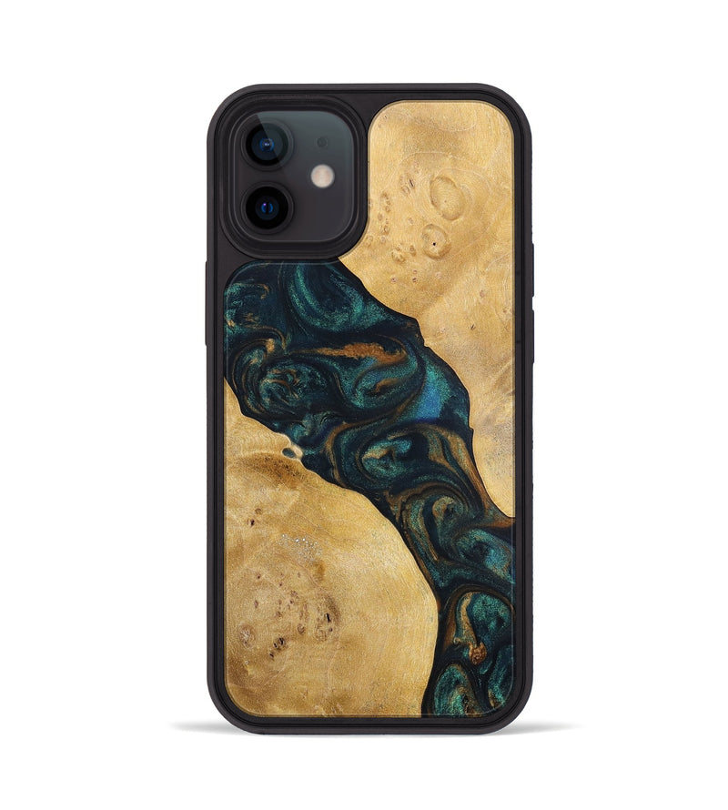 iPhone 12 Wood+Resin Phone Case - Woodrow (Teal & Gold, 698431)