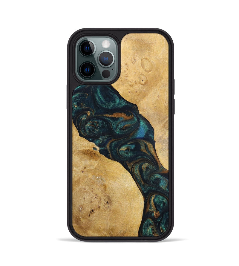 iPhone 12 Pro Wood+Resin Phone Case - Woodrow (Teal & Gold, 698431)