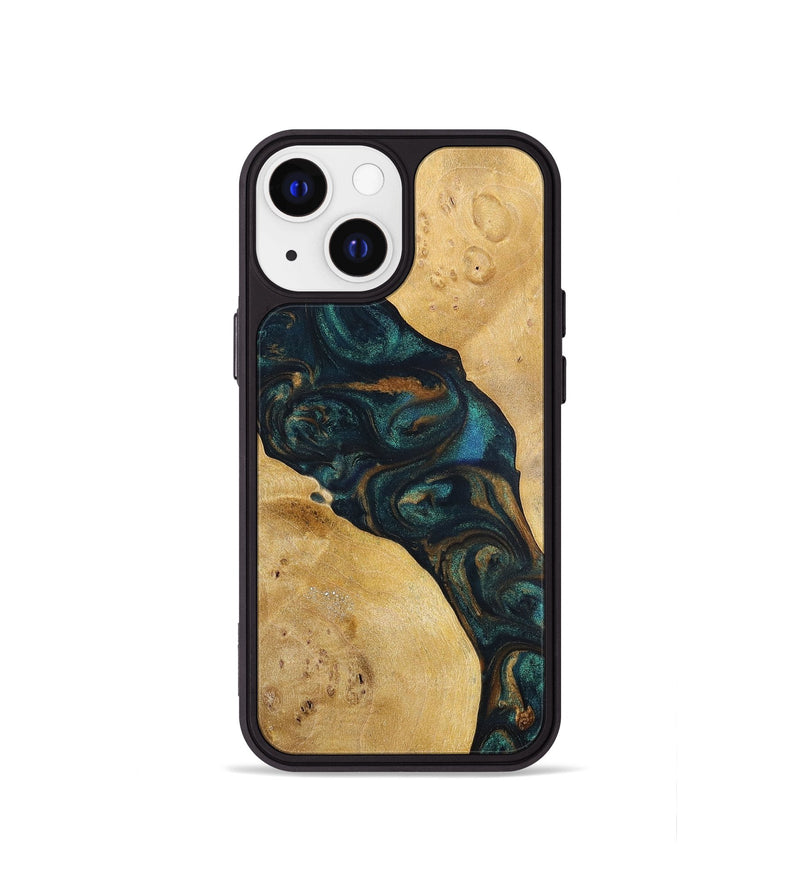 iPhone 13 mini Wood+Resin Phone Case - Woodrow (Teal & Gold, 698431)