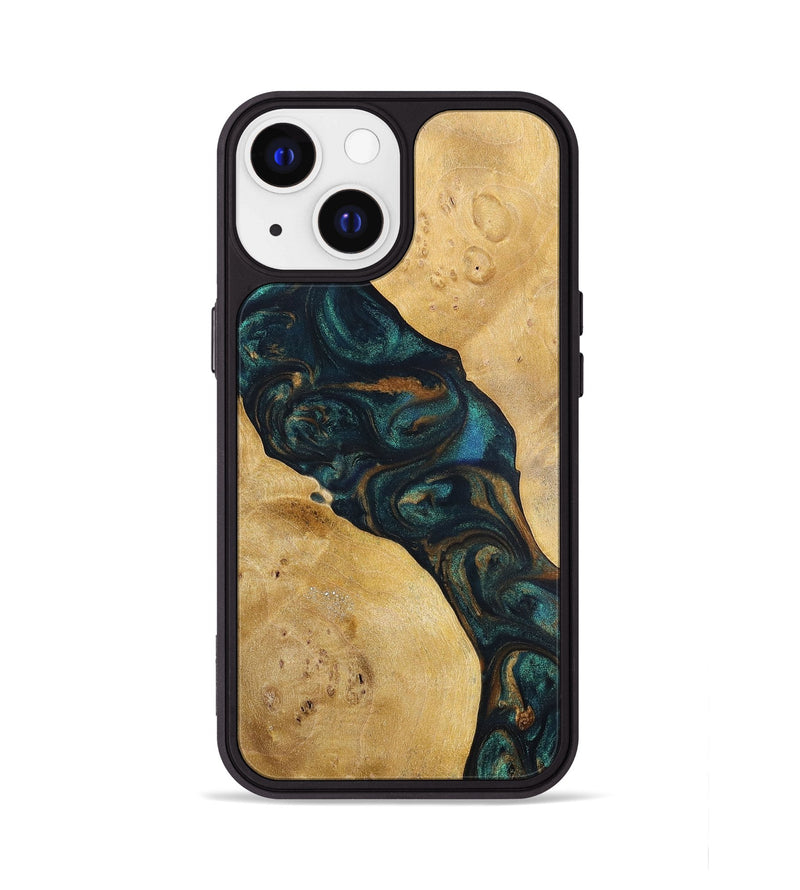iPhone 13 Wood+Resin Phone Case - Woodrow (Teal & Gold, 698431)