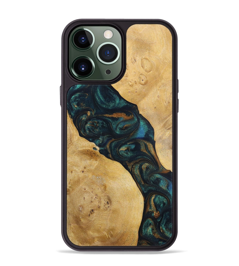 iPhone 13 Pro Max Wood+Resin Phone Case - Woodrow (Teal & Gold, 698431)
