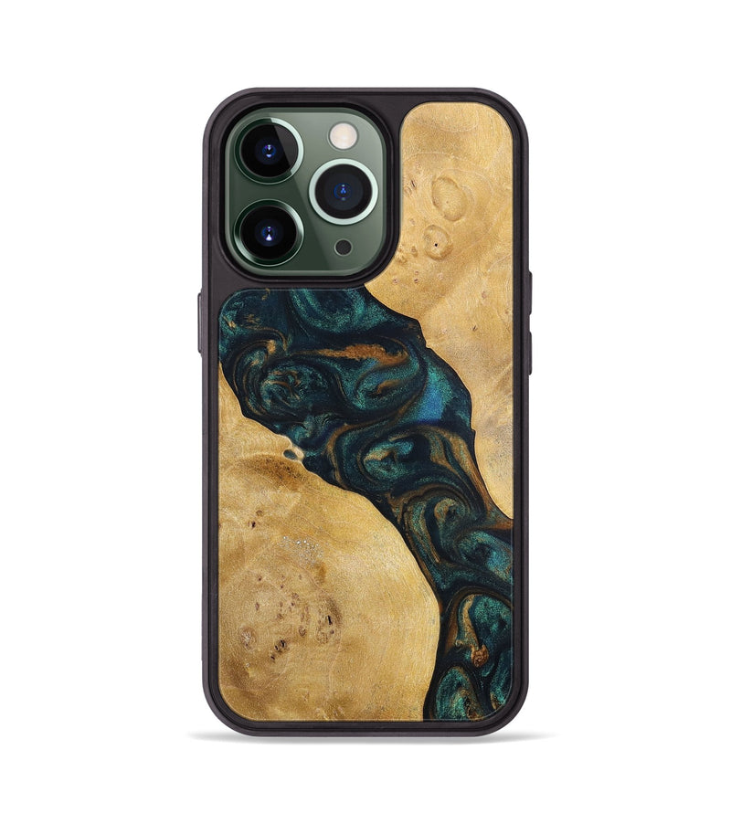 iPhone 13 Pro Wood+Resin Phone Case - Woodrow (Teal & Gold, 698431)