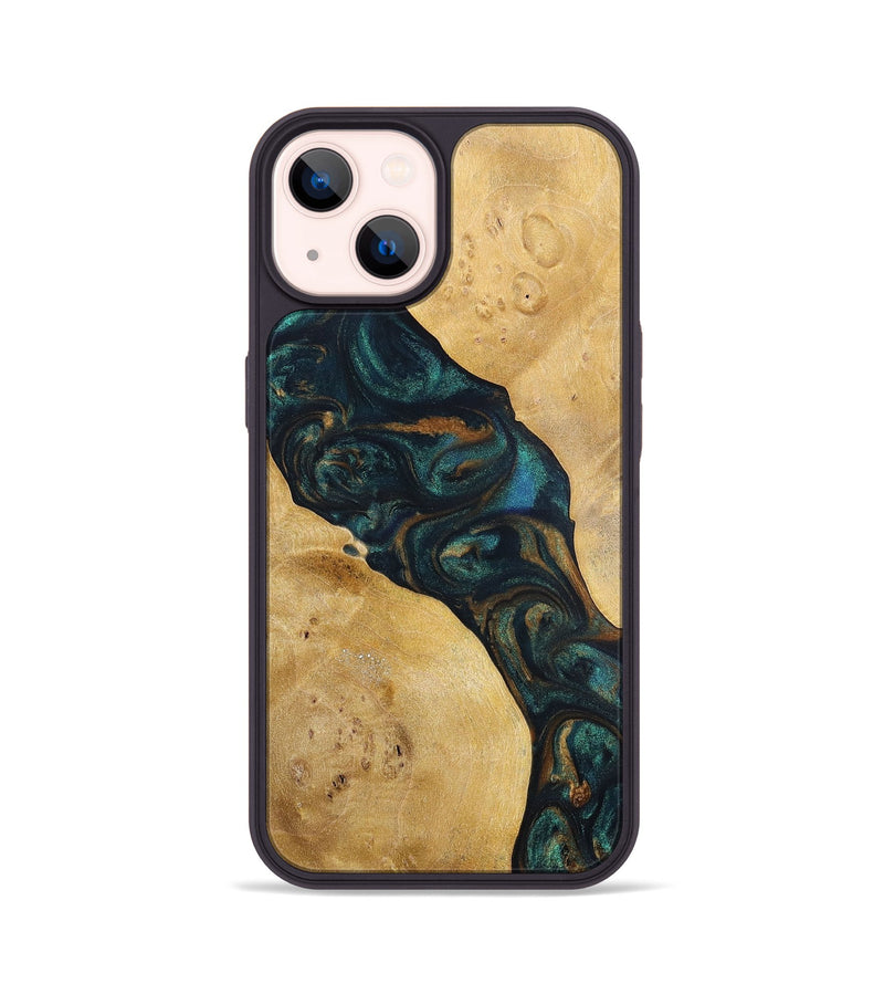 iPhone 14 Wood+Resin Phone Case - Woodrow (Teal & Gold, 698431)