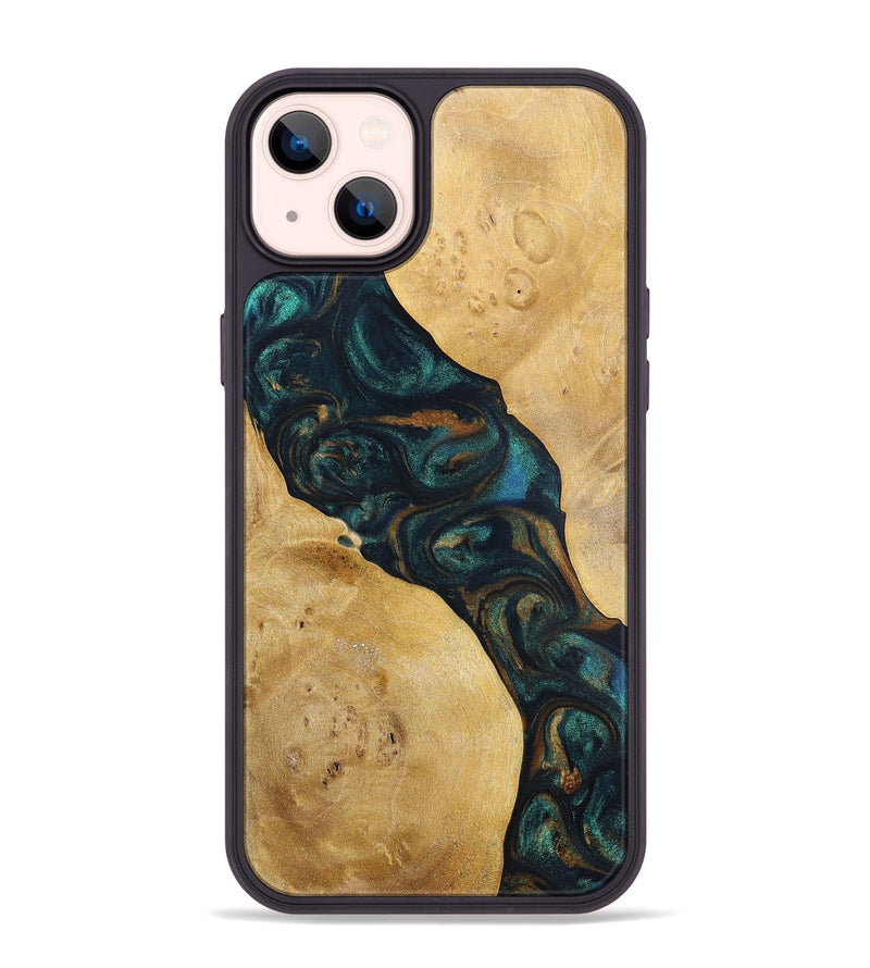 iPhone 14 Plus Wood+Resin Phone Case - Woodrow (Teal & Gold, 698431)