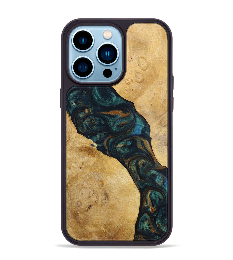 iPhone 14 Pro Max Wood+Resin Phone Case - Woodrow (Teal & Gold, 698431)
