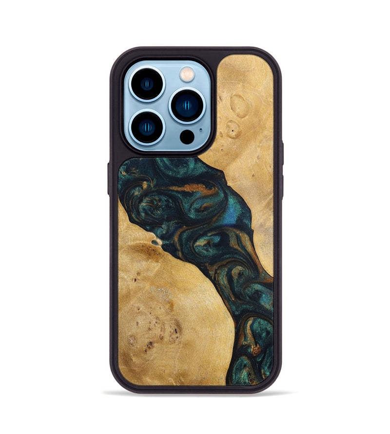 iPhone 14 Pro Wood+Resin Phone Case - Woodrow (Teal & Gold, 698431)
