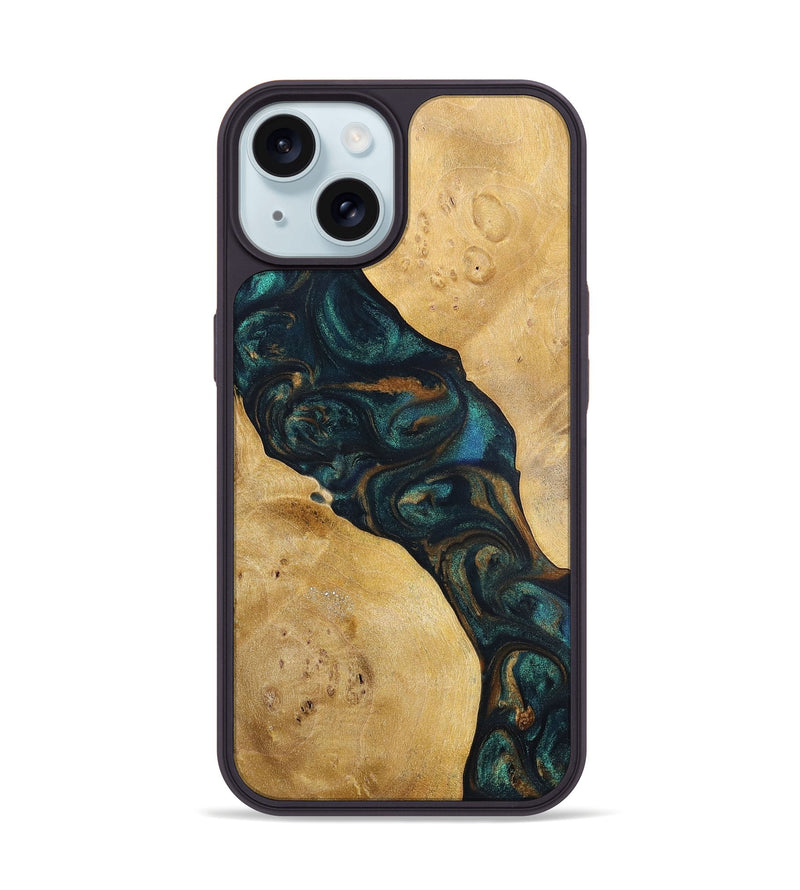 iPhone 15 Wood+Resin Phone Case - Woodrow (Teal & Gold, 698431)
