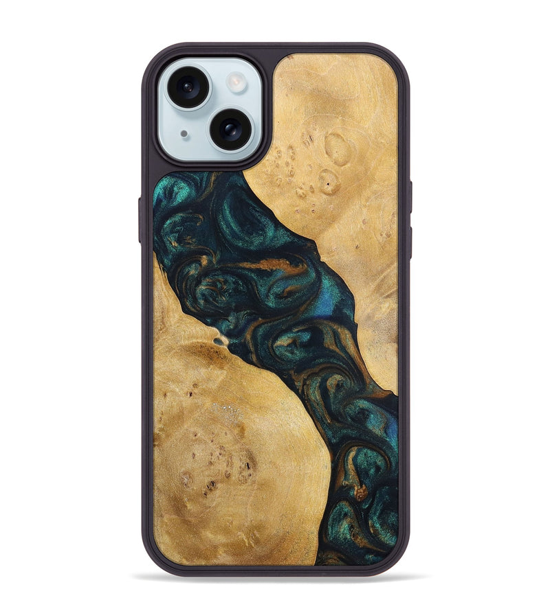 iPhone 15 Plus Wood+Resin Phone Case - Woodrow (Teal & Gold, 698431)