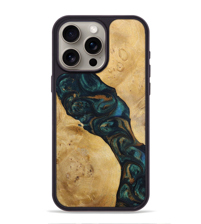 iPhone 15 Pro Max Wood+Resin Phone Case - Woodrow (Teal & Gold, 698431)