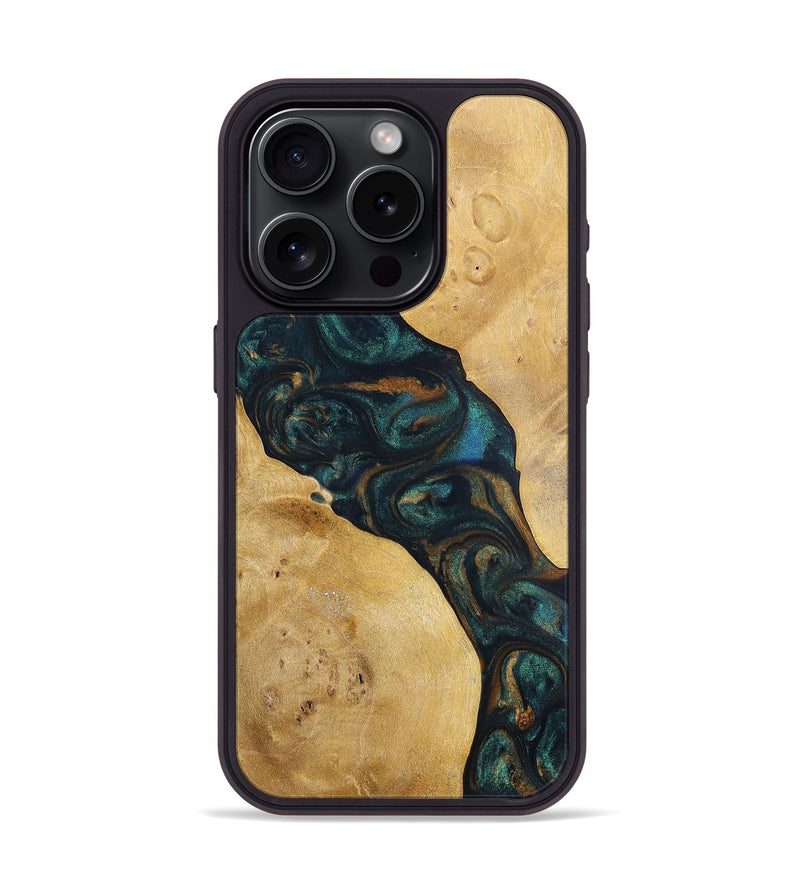 iPhone 15 Pro Wood+Resin Phone Case - Woodrow (Teal & Gold, 698431)