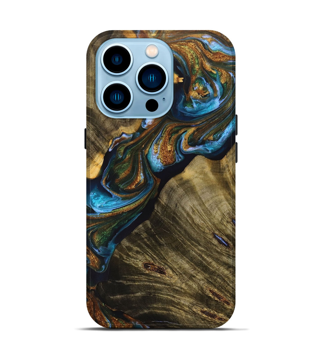 iPhone 14 Pro Wood+Resin Live Edge Phone Case - Lila (Teal & Gold, 698517)