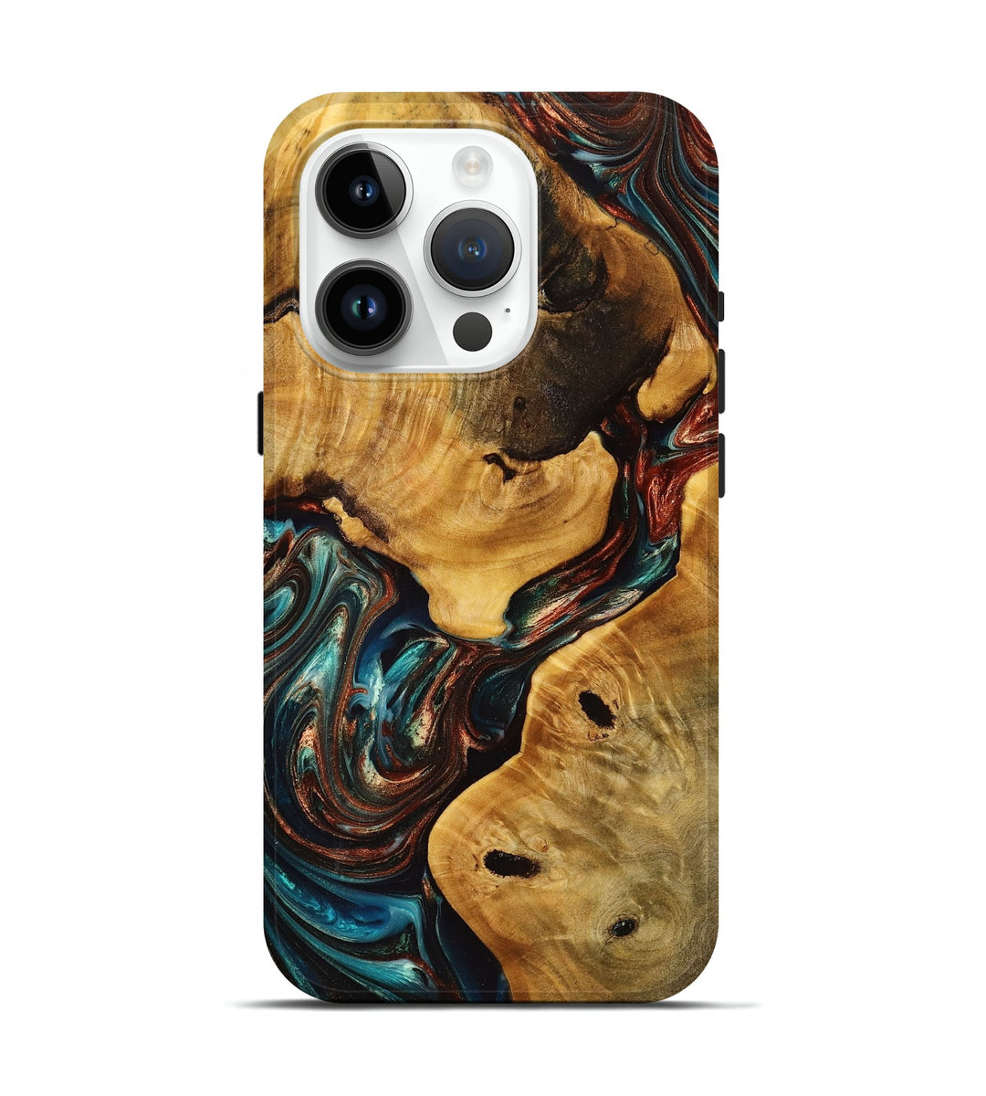 iPhone 15 Pro Wood+Resin Live Edge Phone Case - Kim (Teal & Gold, 698971)