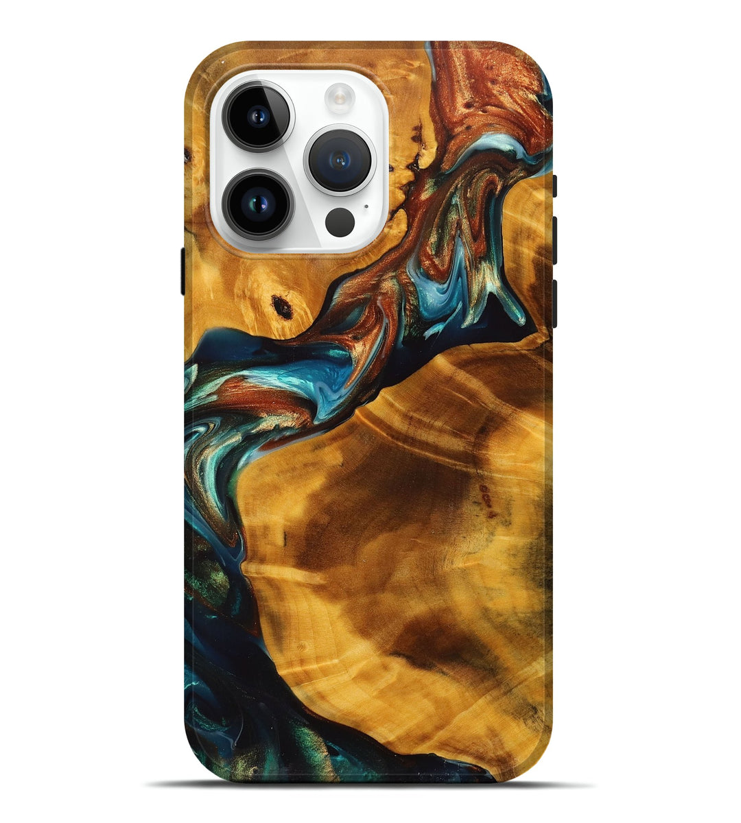 iPhone 15 Pro Max Wood+Resin Live Edge Phone Case - Lucas (Teal & Gold, 698972)