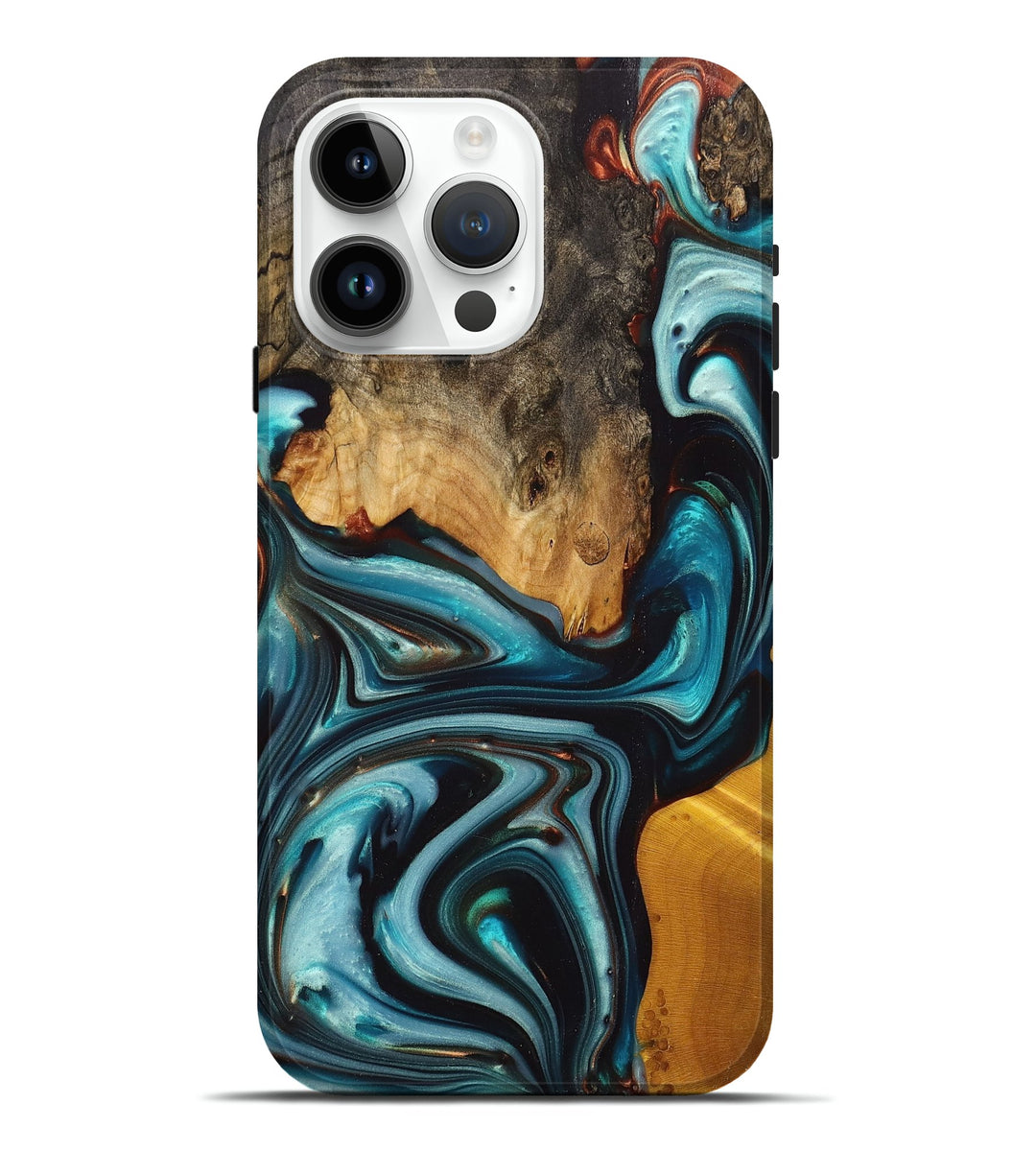 iPhone 15 Pro Max Wood+Resin Live Edge Phone Case - Tabatha (Teal & Gold, 698973)