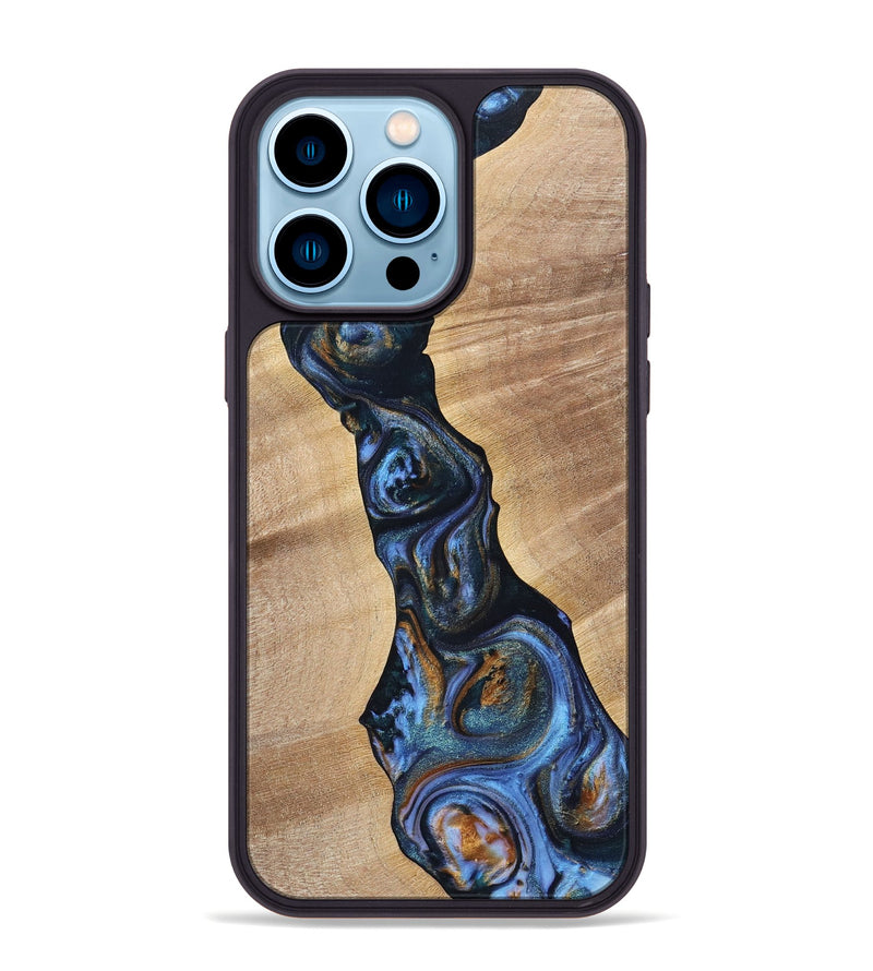 iPhone 14 Pro Max Wood+Resin Phone Case - Cecilia (Teal & Gold, 699063)