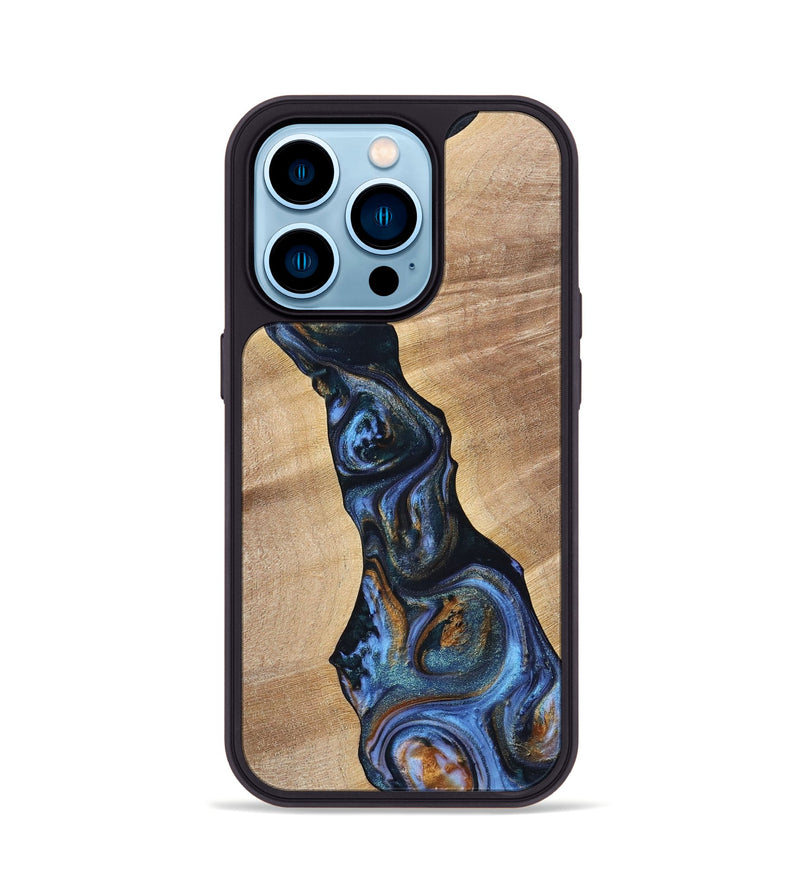 iPhone 14 Pro Wood+Resin Phone Case - Cecilia (Teal & Gold, 699063)