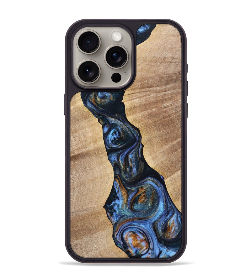 iPhone 15 Pro Max Wood+Resin Phone Case - Cecilia (Teal & Gold, 699063)