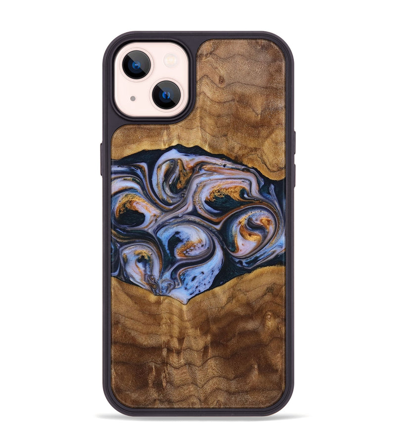 iPhone 14 Plus Wood+Resin Phone Case - Melinda (Teal & Gold, 699064)