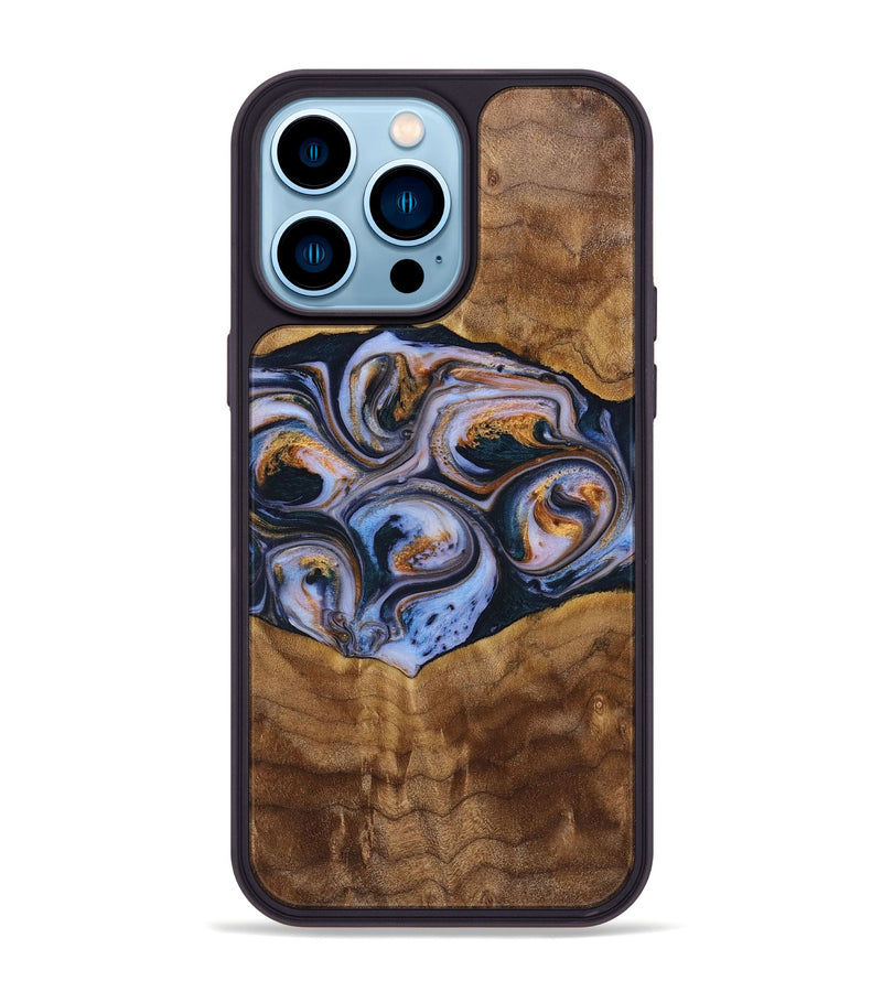 iPhone 14 Pro Max Wood+Resin Phone Case - Melinda (Teal & Gold, 699064)