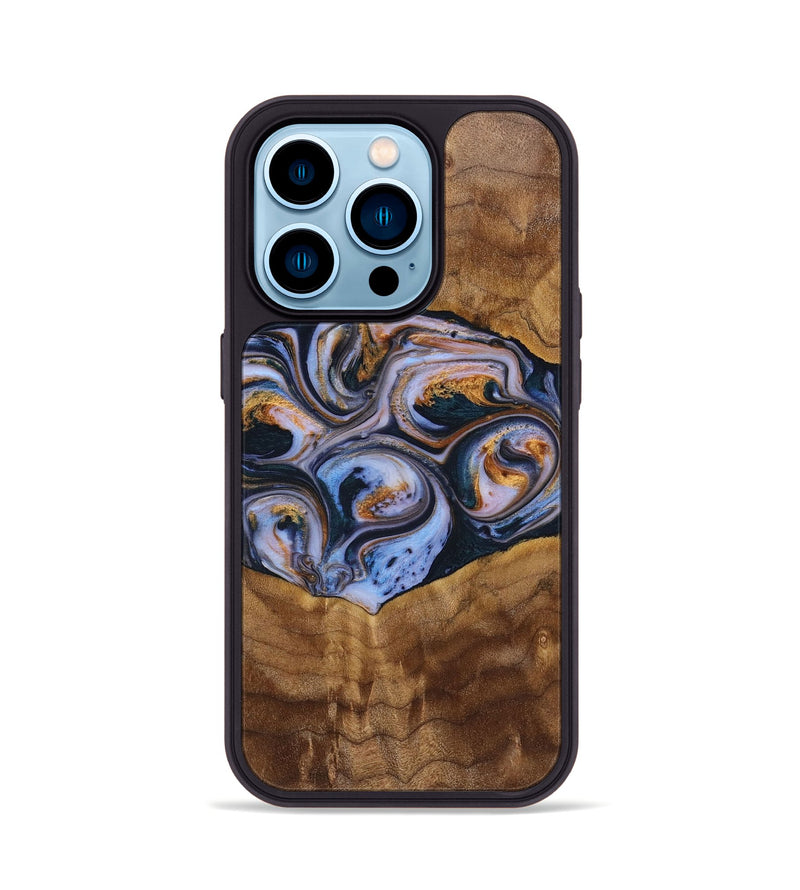 iPhone 14 Pro Wood+Resin Phone Case - Melinda (Teal & Gold, 699064)