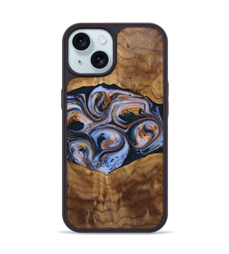 iPhone 15 Wood+Resin Phone Case - Melinda (Teal & Gold, 699064)