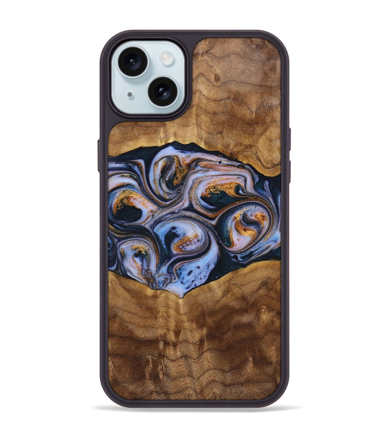 iPhone 15 Plus Wood+Resin Phone Case - Melinda (Teal & Gold, 699064)