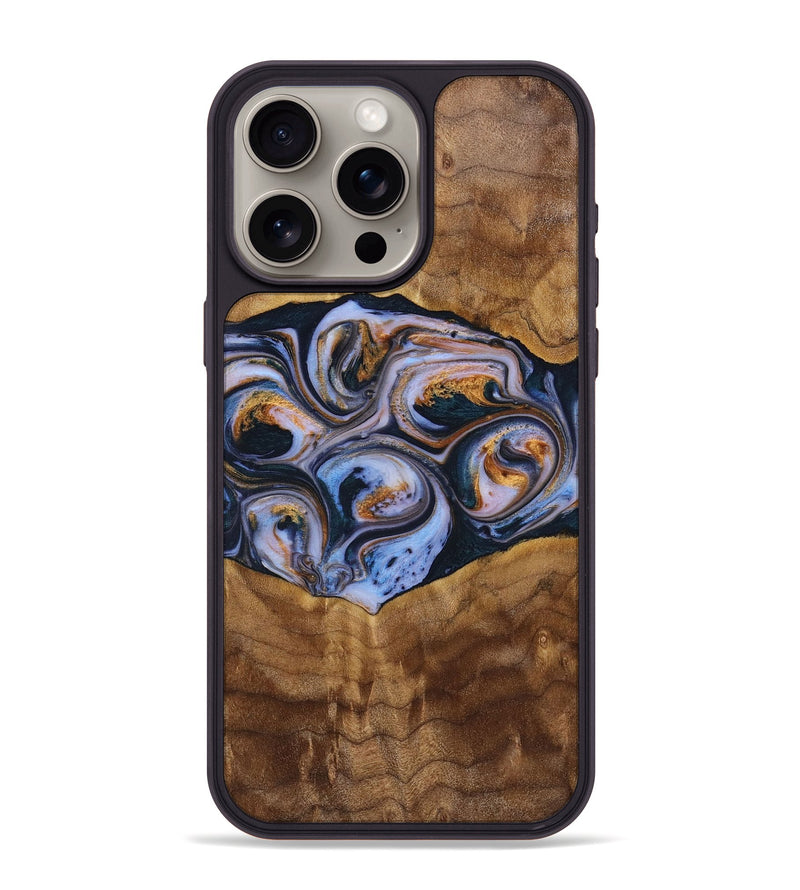 iPhone 15 Pro Max Wood+Resin Phone Case - Melinda (Teal & Gold, 699064)