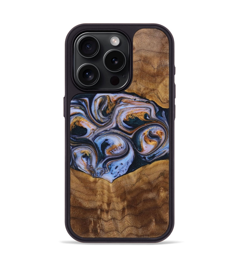 iPhone 15 Pro Wood+Resin Phone Case - Melinda (Teal & Gold, 699064)