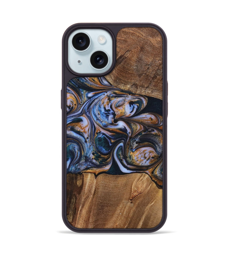 iPhone 15 Wood+Resin Phone Case - Patrick (Teal & Gold, 699070)