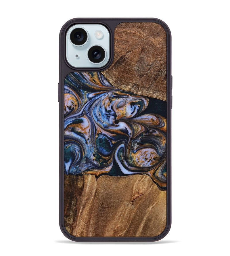 iPhone 15 Plus Wood+Resin Phone Case - Patrick (Teal & Gold, 699070)