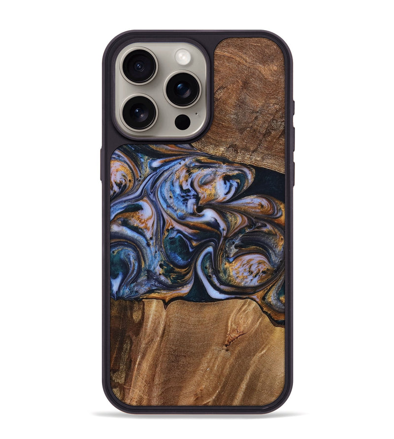iPhone 15 Pro Max Wood+Resin Phone Case - Patrick (Teal & Gold, 699070)