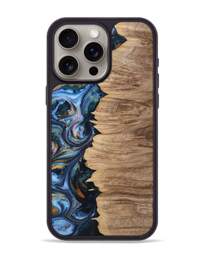 iPhone 15 Pro Max Wood+Resin Phone Case - Penny (Teal & Gold, 699075)