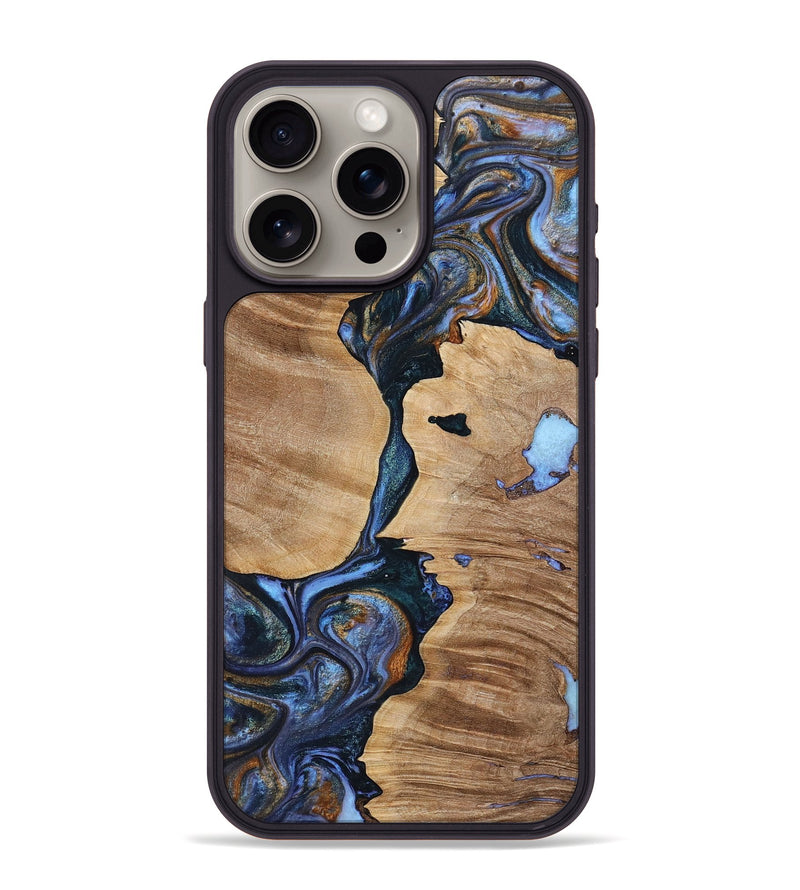 iPhone 15 Pro Max Wood+Resin Phone Case - Roman (Teal & Gold, 699077)