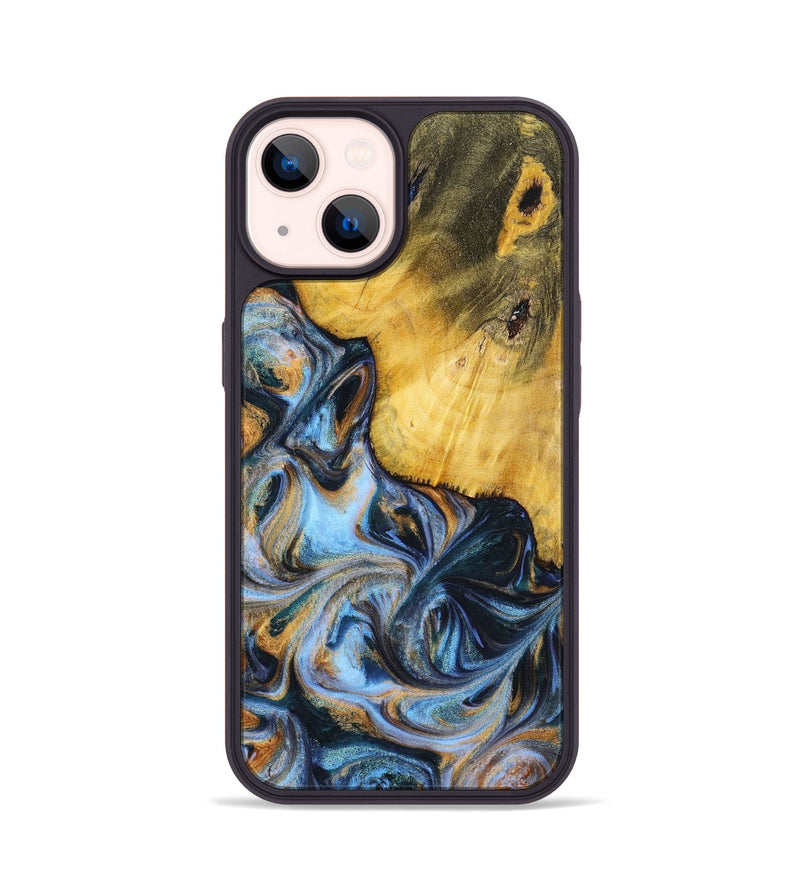 iPhone 14 Wood+Resin Phone Case - Sofia (Teal & Gold, 699079)