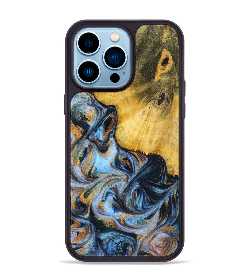 iPhone 14 Pro Max Wood+Resin Phone Case - Sofia (Teal & Gold, 699079)