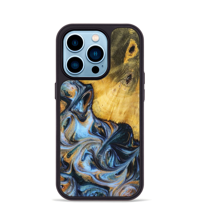iPhone 14 Pro Wood+Resin Phone Case - Sofia (Teal & Gold, 699079)
