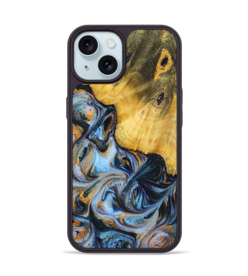 iPhone 15 Wood+Resin Phone Case - Sofia (Teal & Gold, 699079)