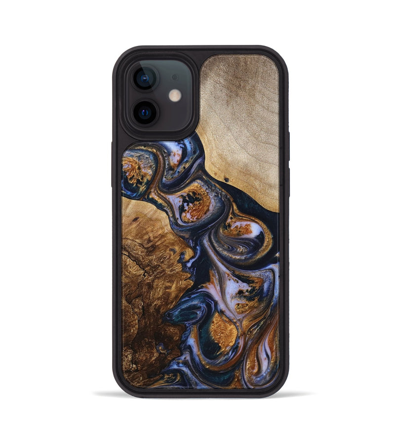 iPhone 12 Wood+Resin Phone Case - Fabian (Teal & Gold, 699084)