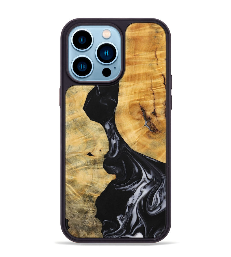 iPhone 14 Pro Max Wood+Resin Phone Case - Jasmine (Black & White, 699555)