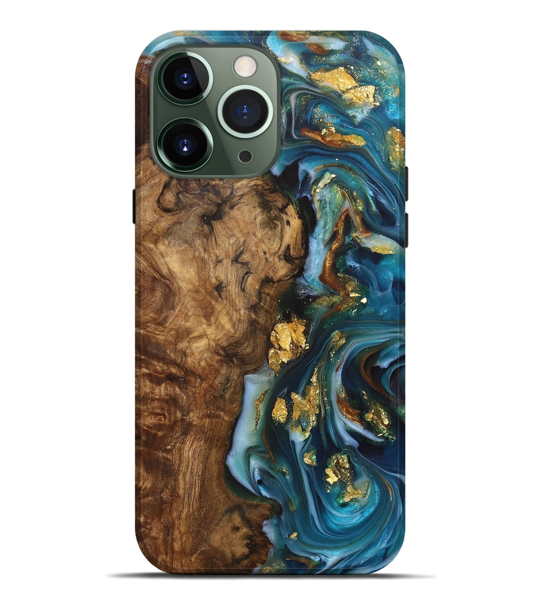 iPhone 13 Pro Max Wood+Resin Live Edge Phone Case - Kasey (Teal & Gold, 699730)
