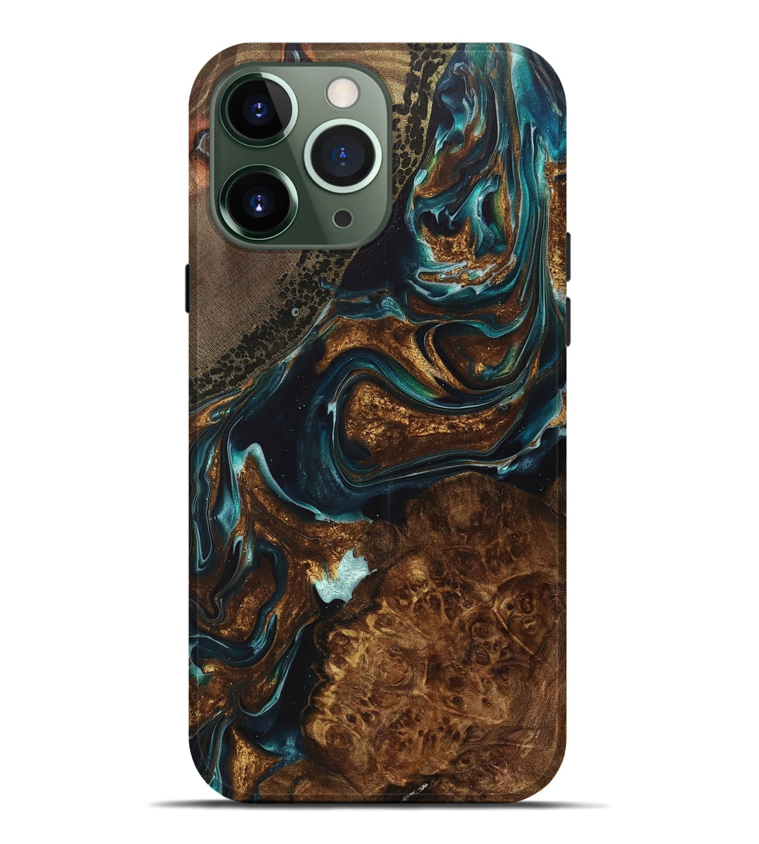 iPhone 13 Pro Max Wood+Resin Live Edge Phone Case - Wilbert (Teal & Gold, 699733)