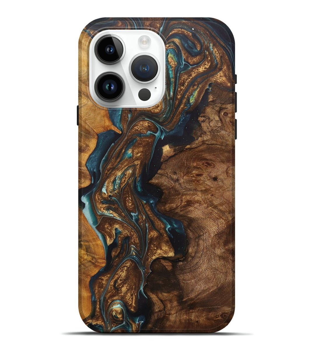 iPhone 15 Pro Max Wood+Resin Live Edge Phone Case - Abel (Teal & Gold, 699736)
